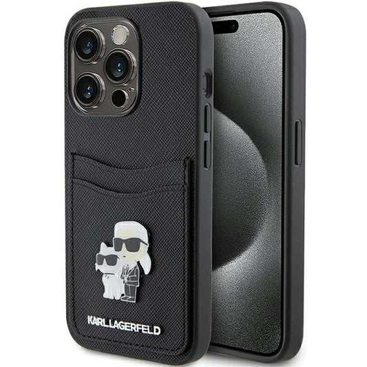 Custodia per Apple iPhone 15 Pro, Karl Lagerfeld, Saffiano Card Slot Metal Karl & Choupette, Nera