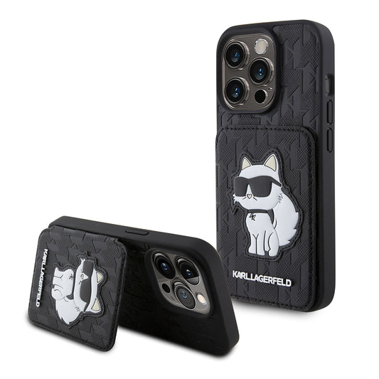 Custodia per Apple iPhone 15 Pro, Karl Lagerfeld, Saffiano Cardslots and Stand Monogram Choupette, Nera