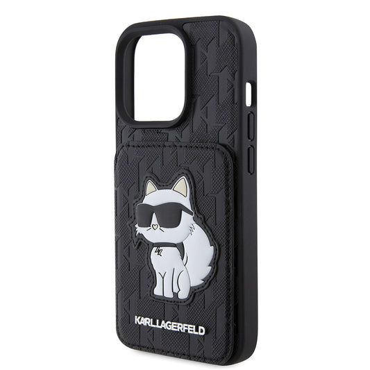 Custodia per Apple iPhone 15 Pro, Karl Lagerfeld, Saffiano Cardslots and Stand Monogram Choupette, Nera