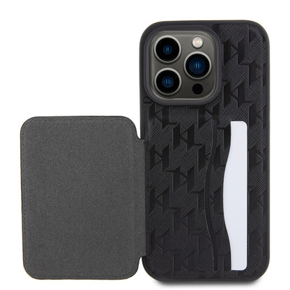 Case for Apple iPhone 15 Pro, Karl Lagerfeld, Saffiano Cardslots and Stand Monogram Choupette, Black