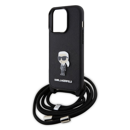 Custodia per Apple iPhone 15 Pro, Karl Lagerfeld, Saffiano Crossbody Monogram Metal Pin Karl, Nera