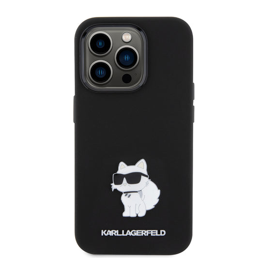 Custodia per Apple iPhone 15 Pro, Karl Lagerfeld, Silicone Choupette Metal, Nera