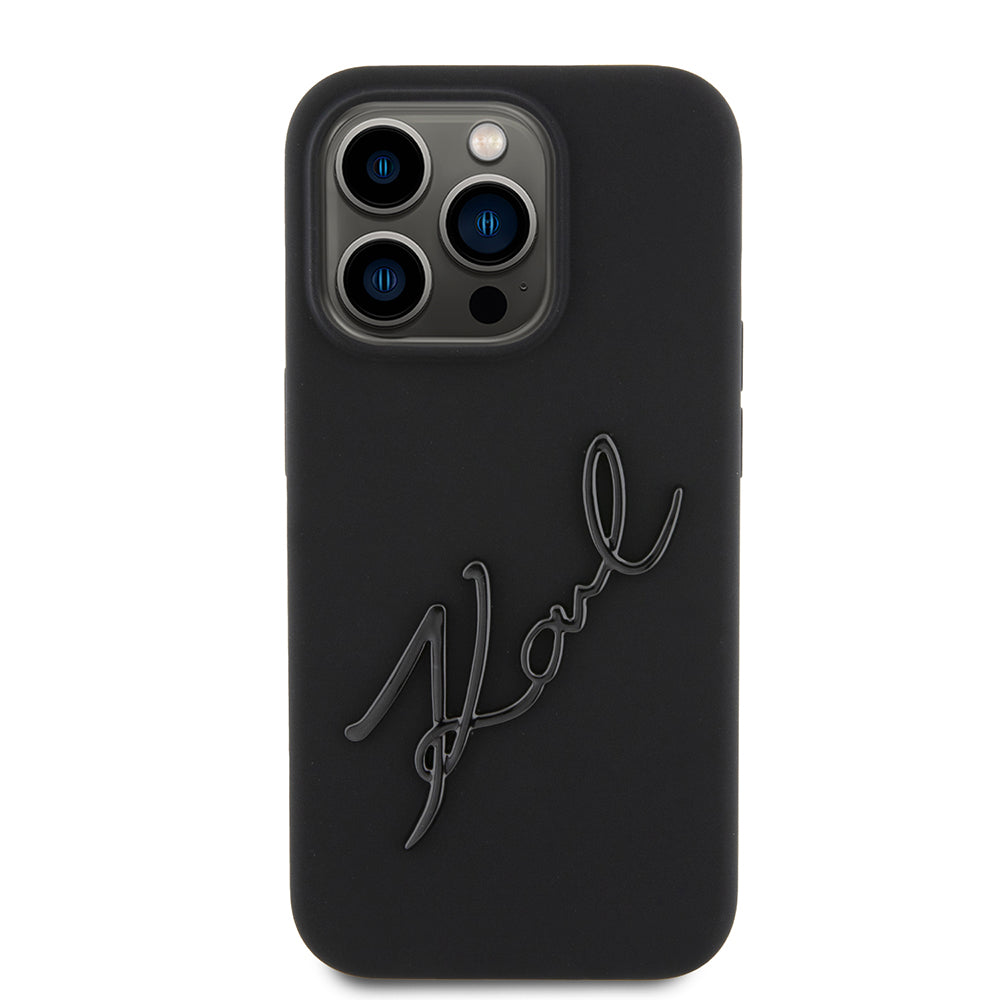 Custodia per Apple iPhone 15 Pro, Karl Lagerfeld, Silicone Karl Script, Nera