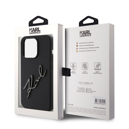 Custodia per Apple iPhone 15 Pro, Karl Lagerfeld, Silicone Karl Script, Nera