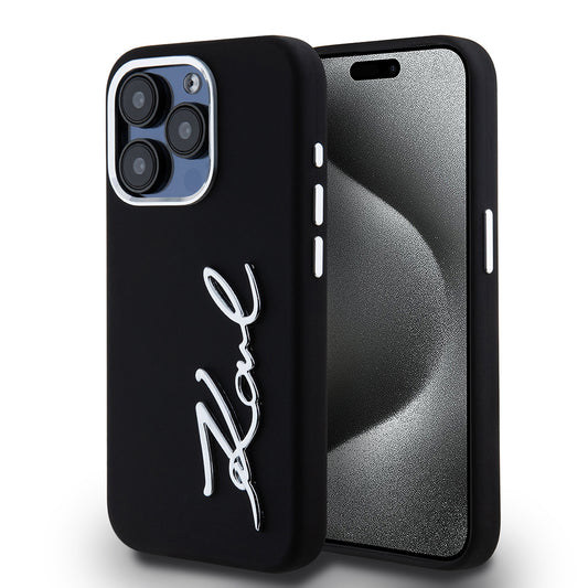 Custodia per Apple iPhone 15 Pro, Karl Lagerfeld, Silicone Metal Script Logo, Nera