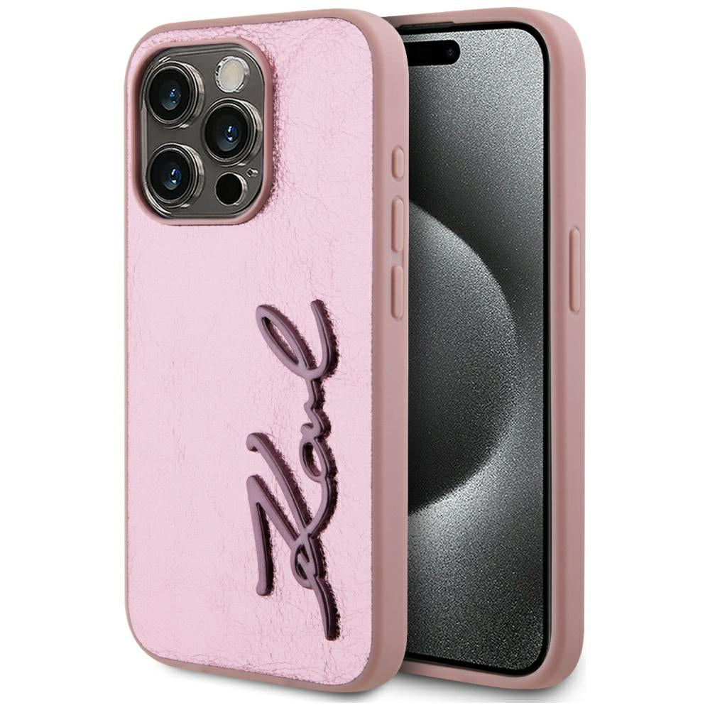 Custodia per Apple iPhone 15 Pro, Karl Lagerfeld, Metal Signature, Rosa