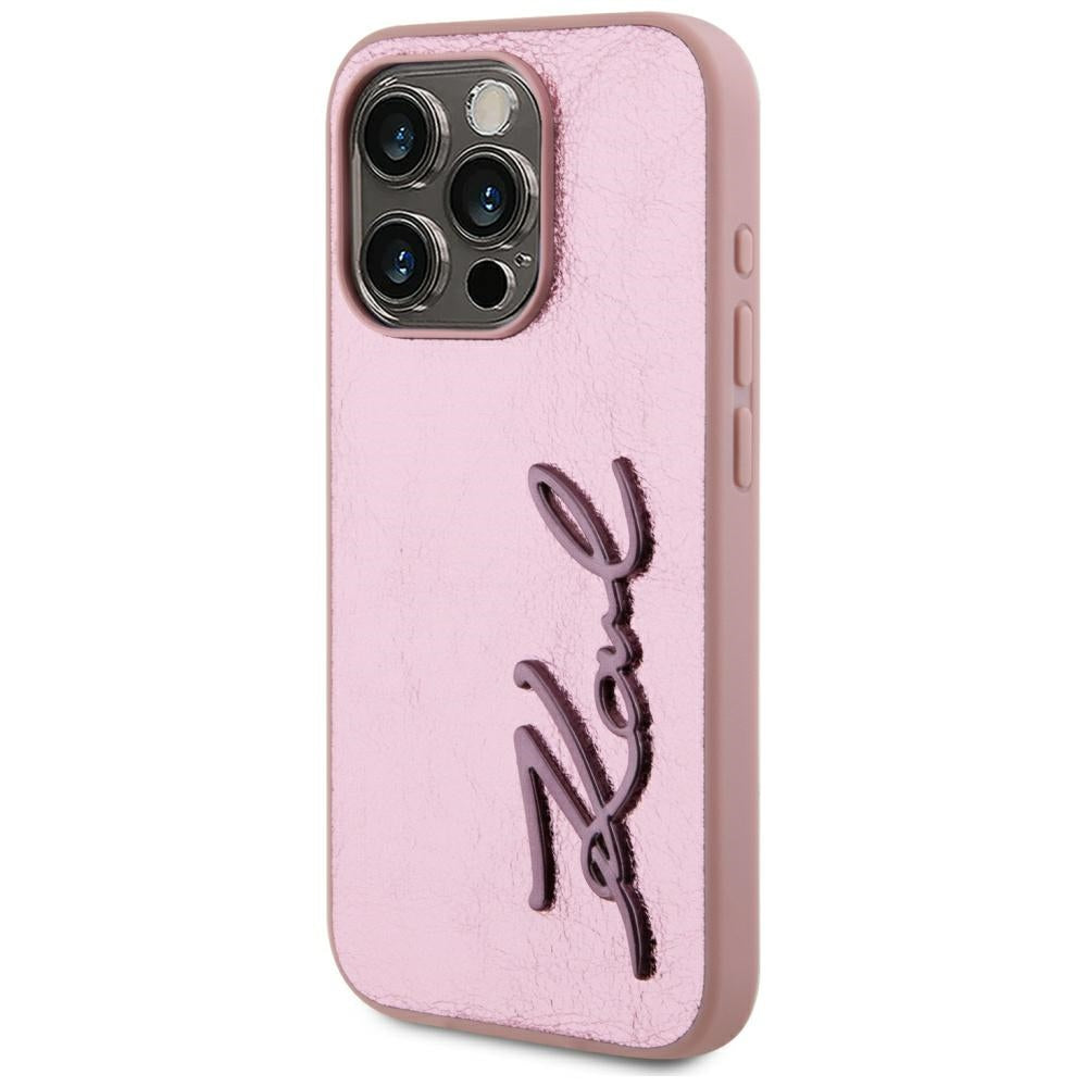 Custodia per Apple iPhone 15 Pro, Karl Lagerfeld, Metal Signature, Rosa