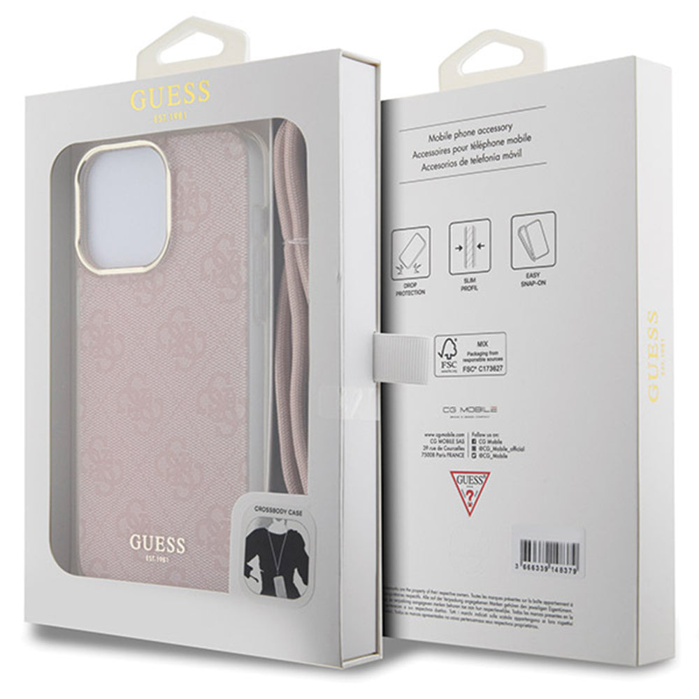Custodia per Apple iPhone 15 Pro Max, Guess, Crossbody Cord 4G Print, Rosa