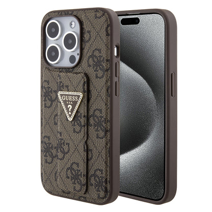 Custodia per Apple iPhone 15 Pro Max, Guess, Grip Stand 4G Triangle Strass, Marrone