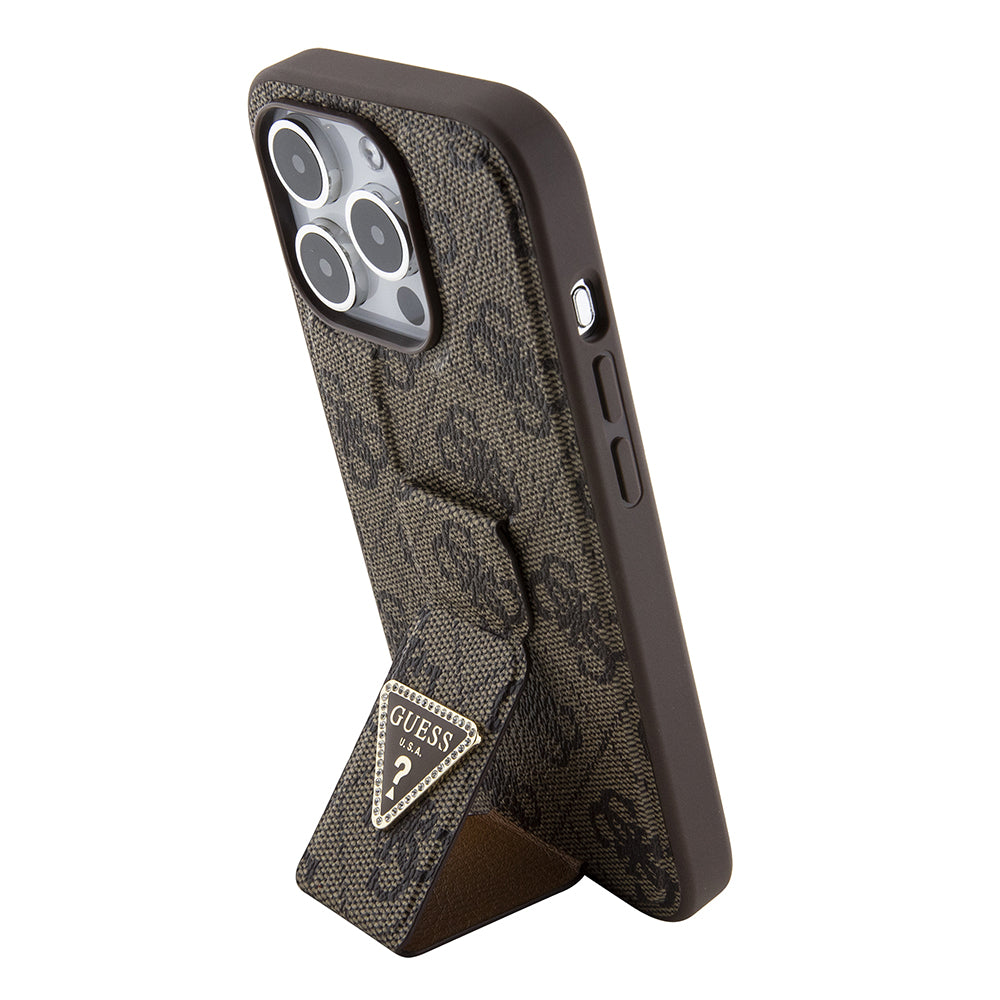 Custodia per Apple iPhone 15 Pro Max, Guess, Grip Stand 4G Triangle Strass, Marrone