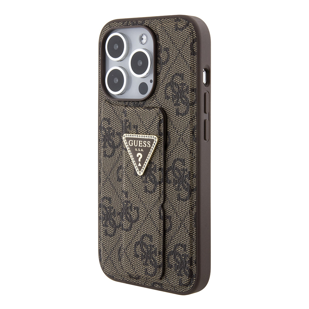 Custodia per Apple iPhone 15 Pro Max, Guess, Grip Stand 4G Triangle Strass, Marrone