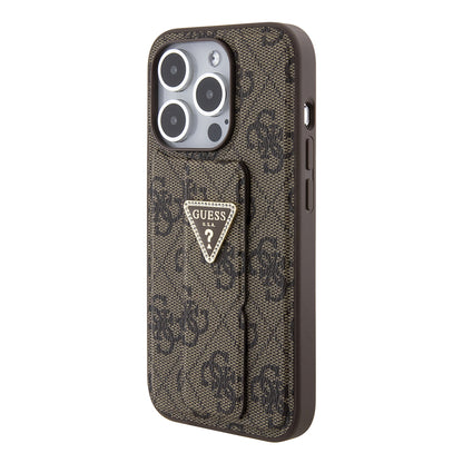 Custodia per Apple iPhone 15 Pro Max, Guess, Grip Stand 4G Triangle Strass, Marrone