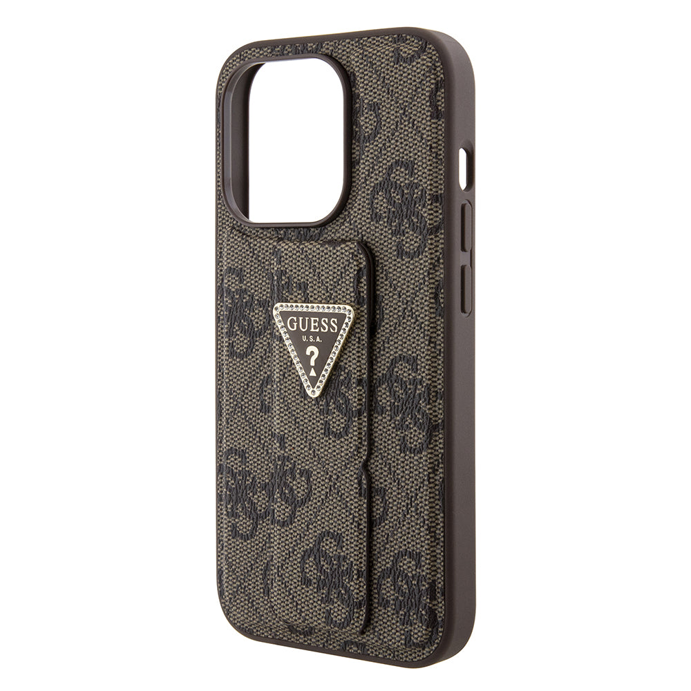 Custodia per Apple iPhone 15 Pro Max, Guess, Grip Stand 4G Triangle Strass, Marrone