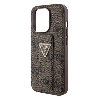 Custodia per Apple iPhone 15 Pro Max, Guess, Grip Stand 4G Triangle Strass, Marrone