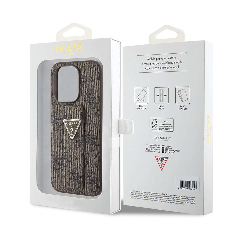 Custodia per Apple iPhone 15 Pro Max, Guess, Grip Stand 4G Triangle Strass, Marrone