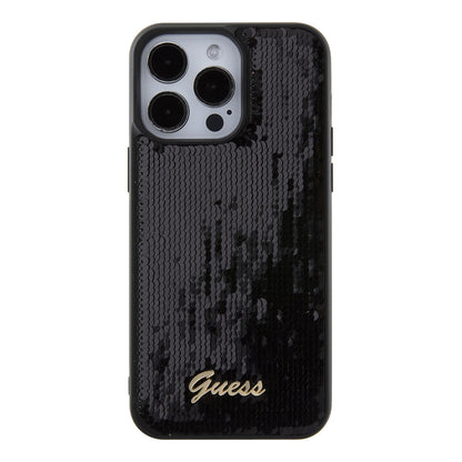 Custodia per Apple iPhone 15 Pro Max, Guess, Sequin Script Logo, Nera GUHCP15XPSFDGSK