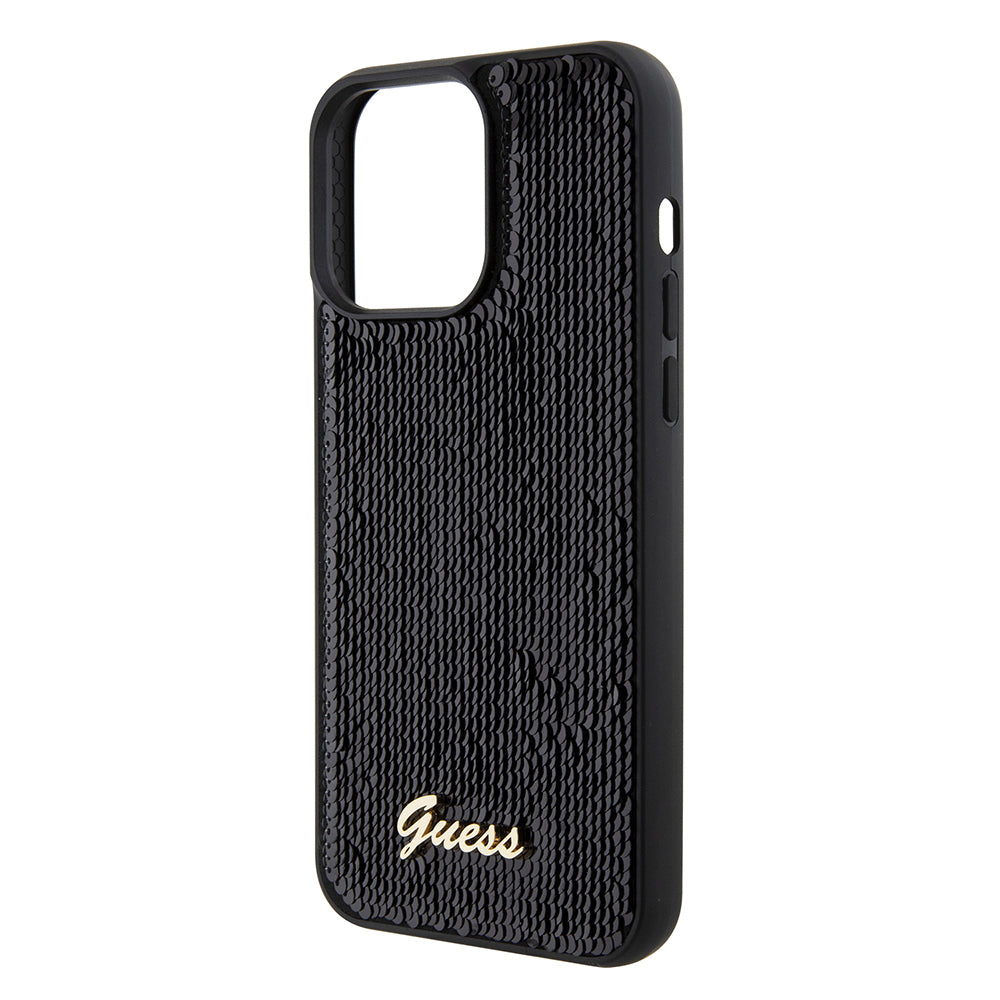 Custodia per Apple iPhone 15 Pro Max, Guess, Sequin Script Logo, Nera GUHCP15XPSFDGSK