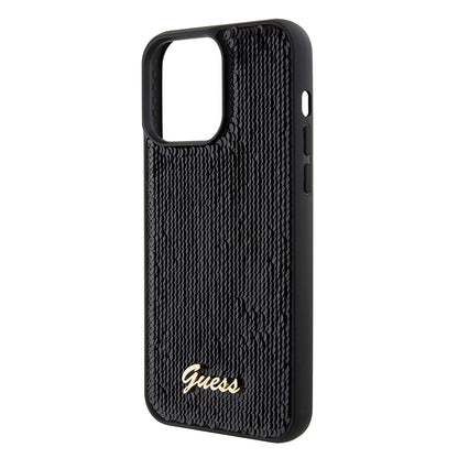 Custodia per Apple iPhone 15 Pro Max, Guess, Sequin Script Logo, Nera GUHCP15XPSFDGSK
