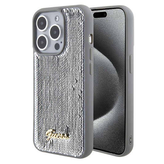 Custodia per Apple iPhone 15 Pro Max, Guess, Sequin Script Metal, Argento