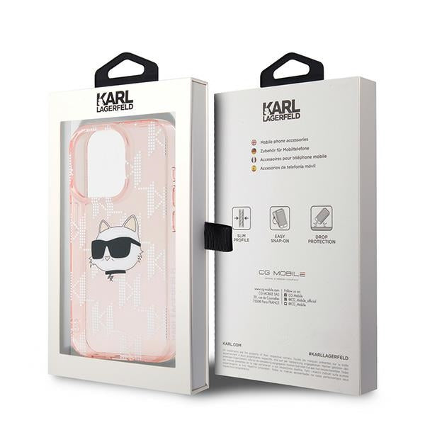 Custodia per Apple iPhone 15 Pro Max, Karl Lagerfeld, IML Luxury Monogram Choupette's Head, Rosa