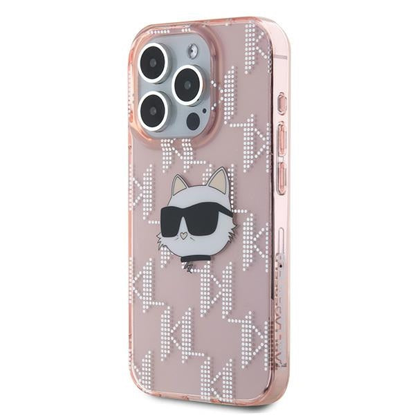 Custodia per Apple iPhone 15 Pro Max, Karl Lagerfeld, IML Luxury Monogram Choupette's Head, Rosa