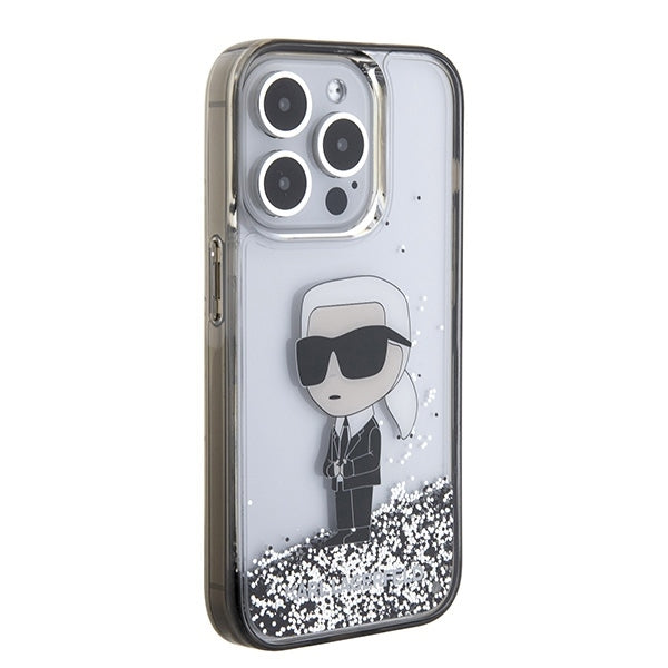Custodia per Apple iPhone 15 Pro Max, Karl Lagerfeld, Liquid Glitter Ikonik Karl, Trasparente