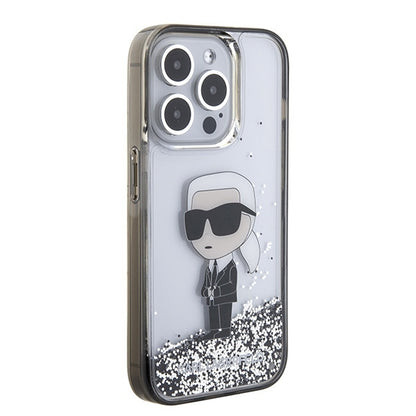 Custodia per Apple iPhone 15 Pro Max, Karl Lagerfeld, Liquid Glitter Ikonik Karl, Trasparente