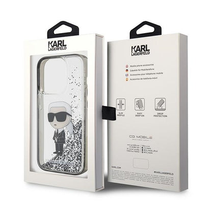 Custodia per Apple iPhone 15 Pro Max, Karl Lagerfeld, Liquid Glitter Ikonik Karl, Trasparente