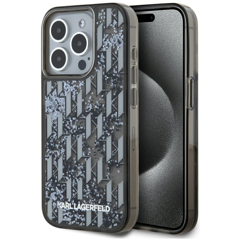 Custodia per Apple iPhone 15 Pro Max, Karl Lagerfeld, Liquid Glitter Monogram, Nera