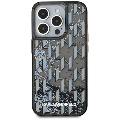 Custodia per Apple iPhone 15 Pro Max, Karl Lagerfeld, Liquid Glitter Monogram, Nera