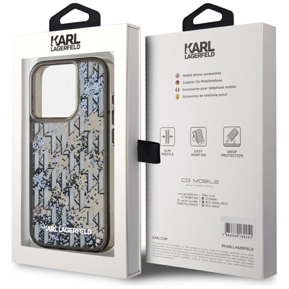 Custodia per Apple iPhone 15 Pro Max, Karl Lagerfeld, Liquid Glitter Monogram, Nera