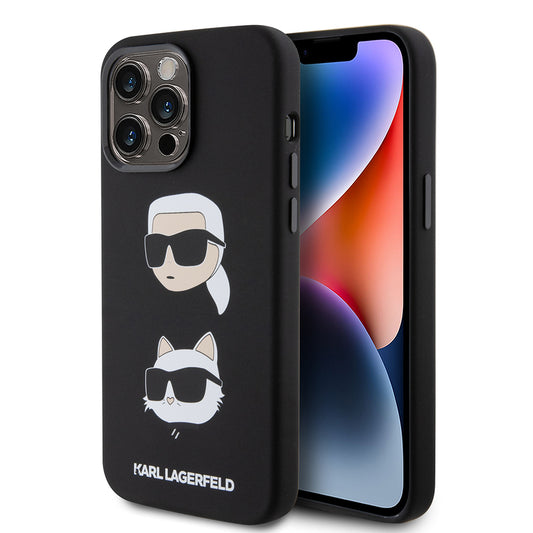 Custodia per Apple iPhone 15 Pro Max, Karl Lagerfeld, Silicone Karl & Choupette Heads, Nera