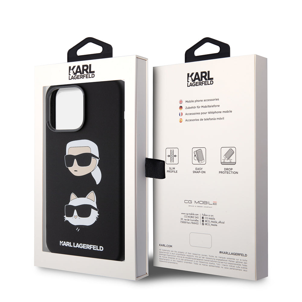 Custodia per Apple iPhone 15 Pro Max, Karl Lagerfeld, Silicone Karl & Choupette Heads, Nera