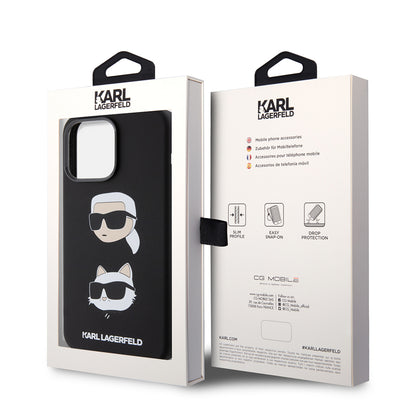 Custodia per Apple iPhone 15 Pro Max, Karl Lagerfeld, Silicone Karl & Choupette Heads, Nera