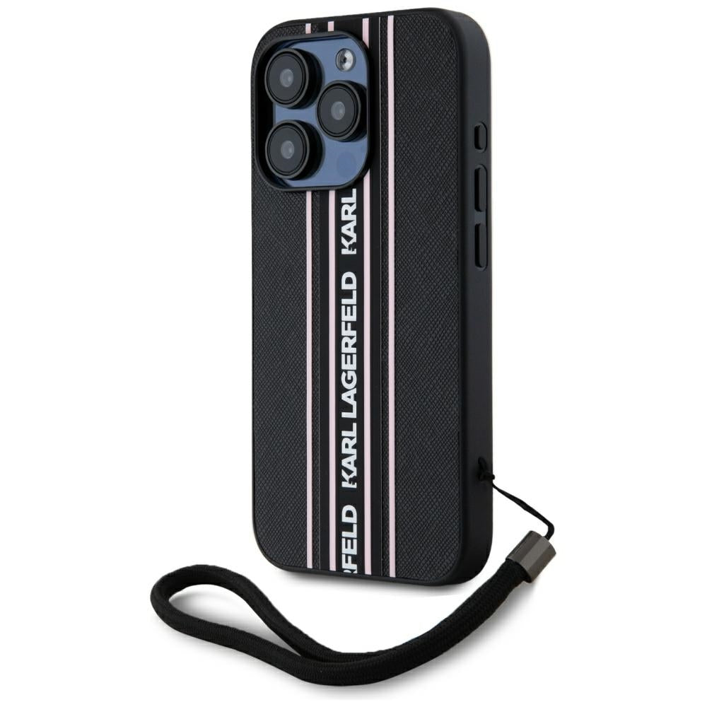 Custodia per Apple iPhone 15 Pro Max, Karl Lagerfeld, Saffiano Athleisure Stripes with Strap, Rosa