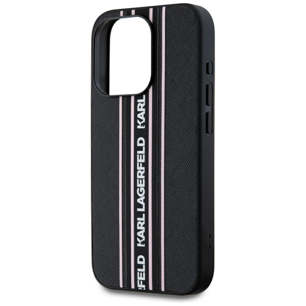 Custodia per Apple iPhone 15 Pro Max, Karl Lagerfeld, Saffiano Athleisure Stripes with Strap, Rosa