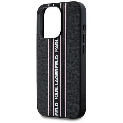 Custodia per Apple iPhone 15 Pro Max, Karl Lagerfeld, Saffiano Athleisure Stripes with Strap, Rosa