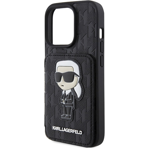 Custodia per Apple iPhone 15 Pro Max, Karl Lagerfeld, Saffiano Cardslots and Stand Monogram Ikonik Karl, Nera