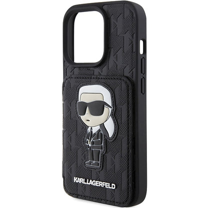 Custodia per Apple iPhone 15 Pro Max, Karl Lagerfeld, Saffiano Cardslots and Stand Monogram Ikonik Karl, Nera