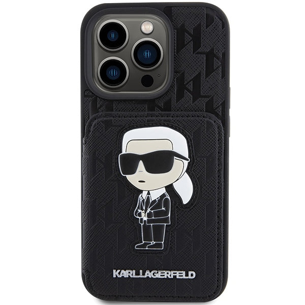 Custodia per Apple iPhone 15 Pro Max, Karl Lagerfeld, Saffiano Cardslots and Stand Monogram Ikonik Karl, Nera