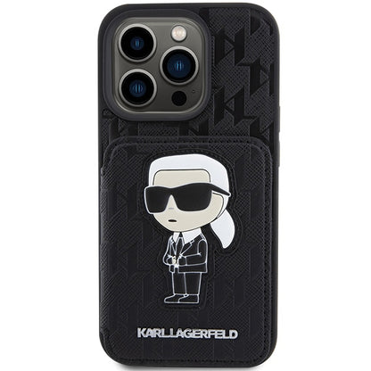 Custodia per Apple iPhone 15 Pro Max, Karl Lagerfeld, Saffiano Cardslots and Stand Monogram Ikonik Karl, Nera