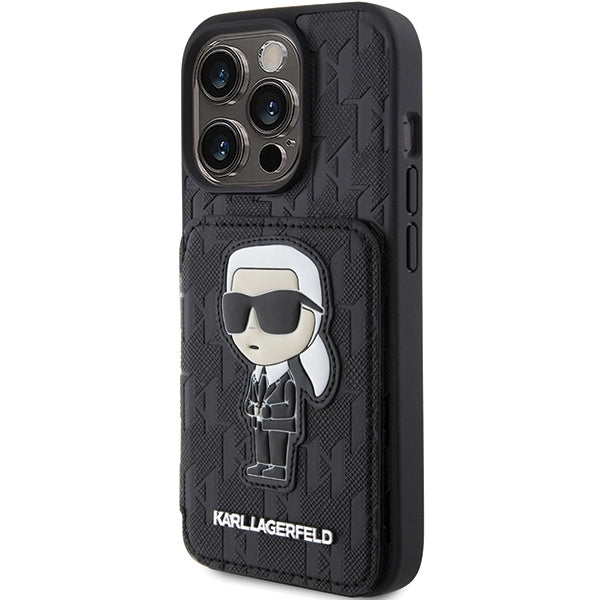Custodia per Apple iPhone 15 Pro Max, Karl Lagerfeld, Saffiano Cardslots and Stand Monogram Ikonik Karl, Nera