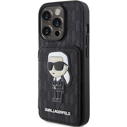 Custodia per Apple iPhone 15 Pro Max, Karl Lagerfeld, Saffiano Cardslots and Stand Monogram Ikonik Karl, Nera