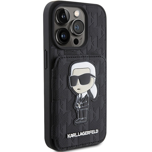 Custodia per Apple iPhone 15 Pro Max, Karl Lagerfeld, Saffiano Cardslots and Stand Monogram Ikonik Karl, Nera
