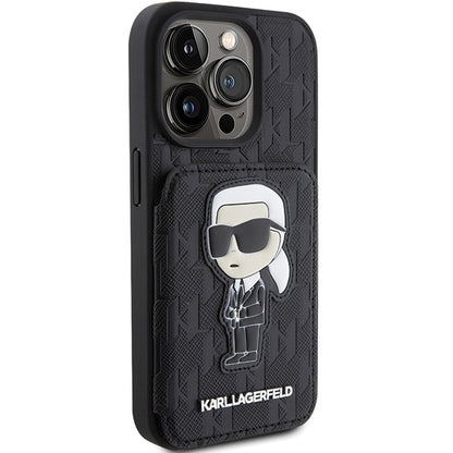 Custodia per Apple iPhone 15 Pro Max, Karl Lagerfeld, Saffiano Cardslots and Stand Monogram Ikonik Karl, Nera