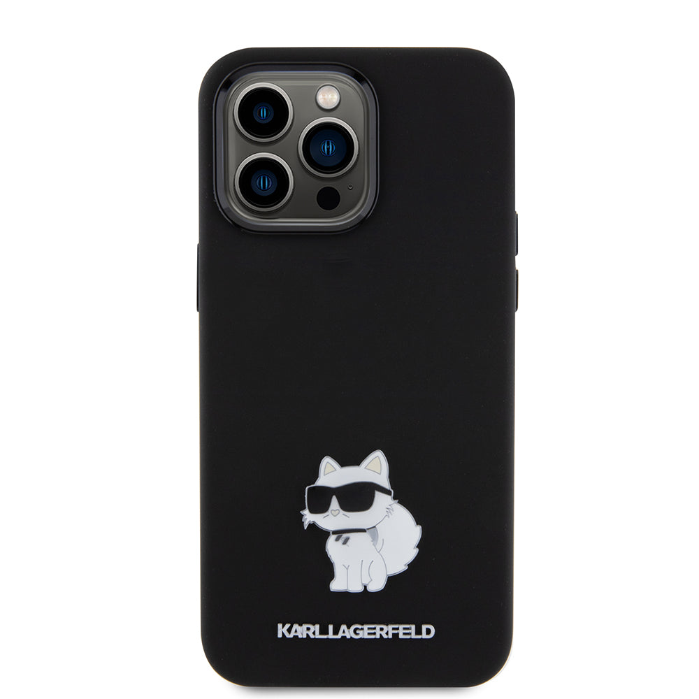 Custodia per Apple iPhone 15 Pro Max, Karl Lagerfeld, Silicone Choupette Metal, Nera