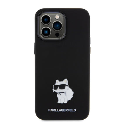 Custodia per Apple iPhone 15 Pro Max, Karl Lagerfeld, Silicone Choupette Metal, Nera