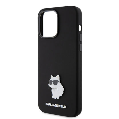 Custodia per Apple iPhone 15 Pro Max, Karl Lagerfeld, Silicone Choupette Metal, Nera