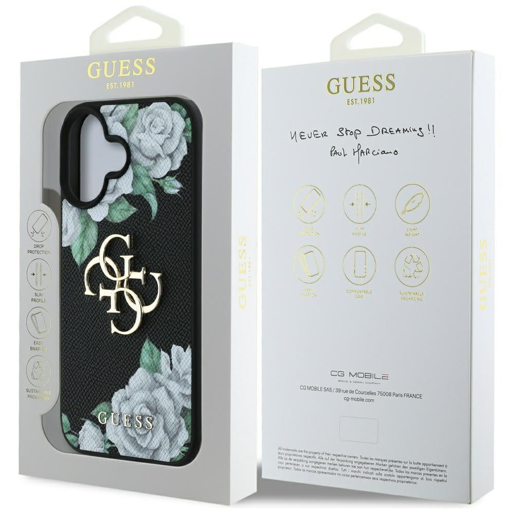 Case for Apple iPhone 16, Guess, 4G Grained Roses Big Logo, Black