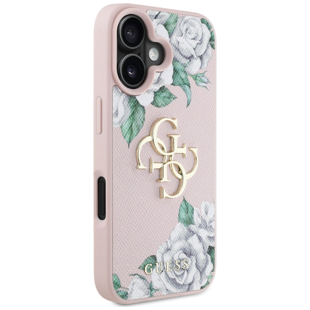 Case for Apple iPhone 16, Guess, 4G Grained Roses Big Logo, Pink